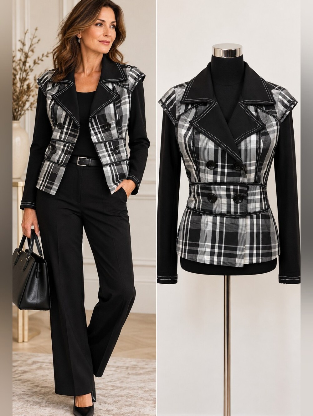 Joseph Ribkoff Plaid Black White Statement Jacket